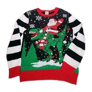 Ugly Christmas Sweater Sz Med Santa Claus Riding T Rex Dinosaur 30" Chest